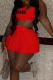 Red Fashion Print Hollowed Out Fold O Neck Sleeveless Two Pieces