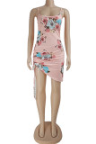 Pink Fashion Sexy Print Draw String Backless Spaghetti Strap Sleeveless Dress