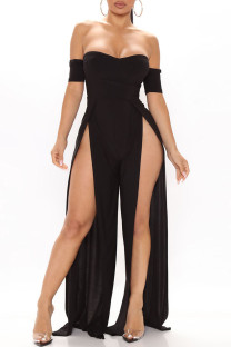 Black Fashion Sexy Solid Split Joint Backless Slit Strapless Skinny Jumpsuits