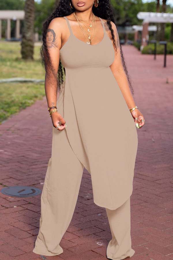 Khaki Fashion Casual Solid Backless Asymmetrical Spaghetti Strap Sleeveless Two Pieces