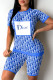 Blue Fashion Casual Print Letter O Neck Short Sleeve Two Pieces