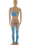 Cyan Sexy Print Patchwork Spaghetti Strap Sleeveless Two Pieces