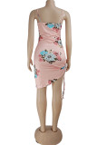 Pink Fashion Sexy Print Draw String Backless Spaghetti Strap Sleeveless Dress
