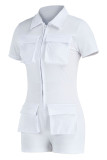 White Casual Solid Patchwork Zipper Turndown Collar Regular Rompers