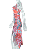 Brownness Sexy Print High Opening Spaghetti Strap Irregular Dress Dresses