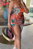 Brownness Sexy Print High Opening Spaghetti Strap Irregular Dress Dresses