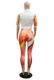 Orange Fashion Casual Print Basic Turndown Collar Short Sleeve Two Pieces