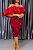 Red Elegant Solid Sequins Patchwork Flounce Off the Shoulder Evening Dress Dresses