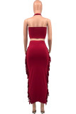 Coffee Sexy Print Tassel Backless Hot Drill O Neck Sleeveless Two Pieces