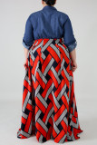 Red Fashion Plus Size Print Split Joint Turndown Collar Short Sleeve Dress