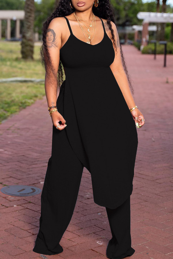 Black Fashion Casual Solid Backless Asymmetrical Spaghetti Strap Sleeveless Two Pieces