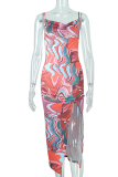 Brownness Sexy Print High Opening Spaghetti Strap Irregular Dress Dresses