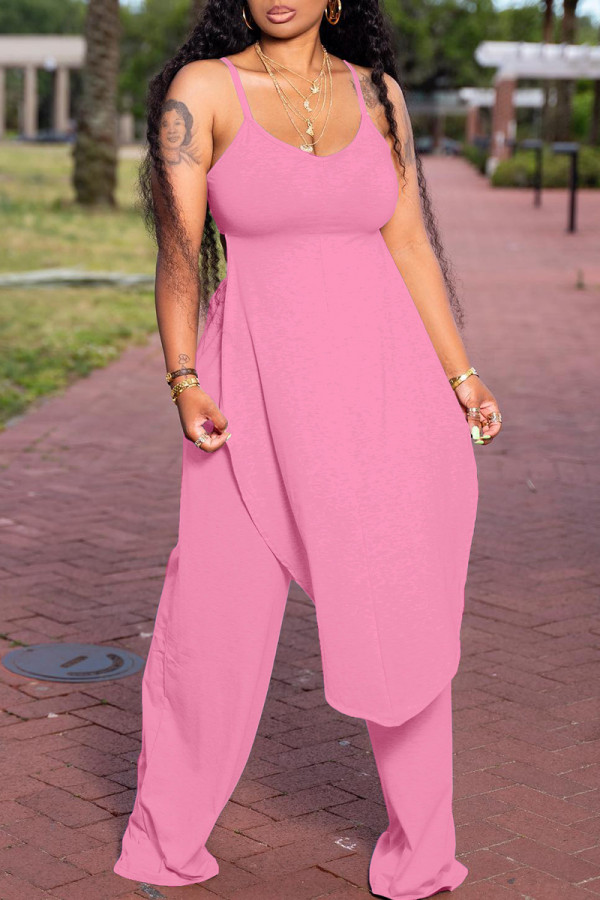 Pink Fashion Casual Solid Backless Asymmetrical Spaghetti Strap Sleeveless Two Pieces