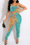 Cyan Sexy Print Patchwork Spaghetti Strap Sleeveless Two Pieces