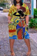 Yellow Fashion Casual Print Basic V Neck Short Sleeve Dress