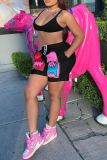 Pink Fashion Print Patchwork Spaghetti Strap Sleeveless Two Pieces