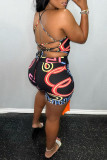Black Sexy Print Bandage Patchwork Backless Asymmetrical Sleeveless Two Pieces