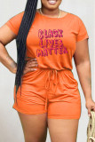 Orange Fashion Casual Print Basic O Neck Short Sleeve Regular Romper