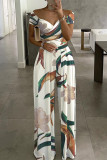 Green Fashion Casual Print Patchwork V Neck Regular Jumpsuits