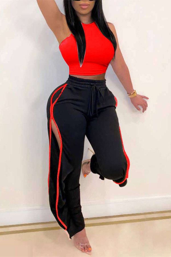 Red Fashion Casual Solid Hollowed Out Patchwork O Neck Sleeveless Two Pieces