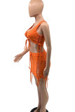 Tangerine Red Sexy Solid Bandage Hollowed Out Patchwork U Neck Two Pieces