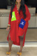 Red Fashion Street Print Patchwork Turndown Collar Irregular Dress Dresses