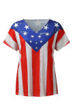 Red White Casual Print Patchwork V Neck T-Shirts