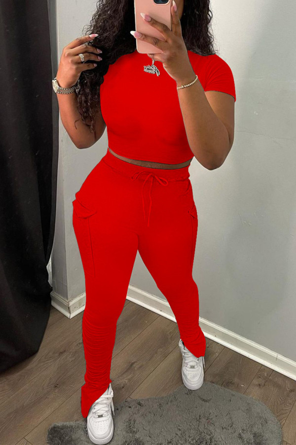 Red Fashion Casual Solid Basic O Neck Short Sleeve Two Pieces