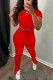 Red Fashion Casual Solid Basic O Neck Short Sleeve Two Pieces