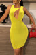 Yellow Sexy Solid Hollowed Out Patchwork O Neck Pencil Skirt Dresses