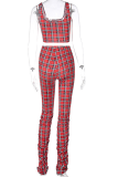 Red Sexy Plaid Patchwork O Neck Sleeveless Two Pieces