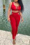 Tangerine Red Sexy Solid Bandage Hollowed Out Patchwork U Neck Sleeveless Two Pieces