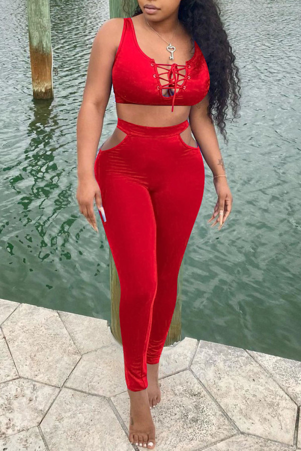 Red Sexy Solid Bandage Hollowed Out Patchwork U Neck Sleeveless Two Pieces