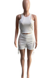 White Sexy Solid Patchwork Draw String Fold O Neck Short Sleeve Two Pieces