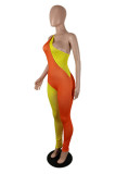 Red Black Sexy Casual Solid Patchwork Backless One Shoulder Skinny Jumpsuits