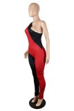 Red Black Sexy Casual Solid Patchwork Backless One Shoulder Skinny Jumpsuits