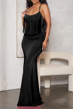 Color Blue Sexy Solid Tassel Spaghetti Strap Trumpet Mermaid Dresses