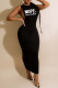 Black Sexy Print Hollowed Out Patchwork O Neck One Step Skirt Dresses