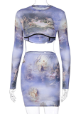 Colour Sexy Print Patchwork O Neck Long Sleeve Two Pieces