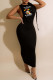 Black Sexy Print Hollowed Out Patchwork O Neck Pencil Skirt Dresses