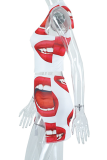 White Sexy Lips Printed Patchwork O Neck Sleeveless Two Pieces