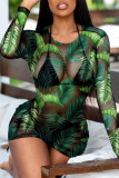 Green Fashion Sexy Print See-through Swimwears Long Sleeve Dress Blouse