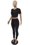 Red Fashion Casual Solid Basic O Neck Short Sleeve Two Pieces