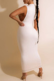 White Sexy Print Hollowed Out Patchwork O Neck One Step Skirt Dresses