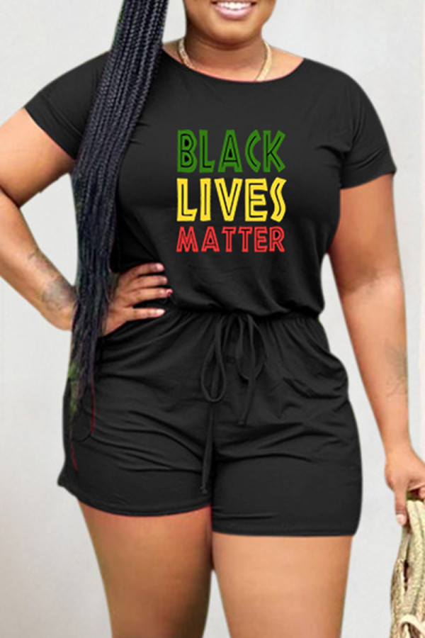 Black Green Fashion Casual Print Basic O Neck Short Sleeve Regular Romper