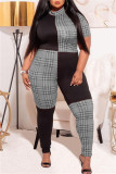 Black Gray Fashion Casual Plaid Print Patchwork Half A Turtleneck Plus Size Jumpsuits
