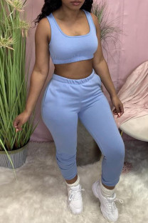 Light Blue Casual Sportswear Solid Vests Pants U Neck Sleeveless Two Pieces