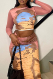 Pink Fashion Print Patchwork O Neck Long Sleeve Two Pieces