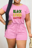 Black Pink Fashion Casual Print Basic O Neck Short Sleeve Regular Romper