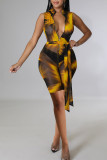 Yellow Sexy Print Patchwork Zipper Collar Skinny Rompers